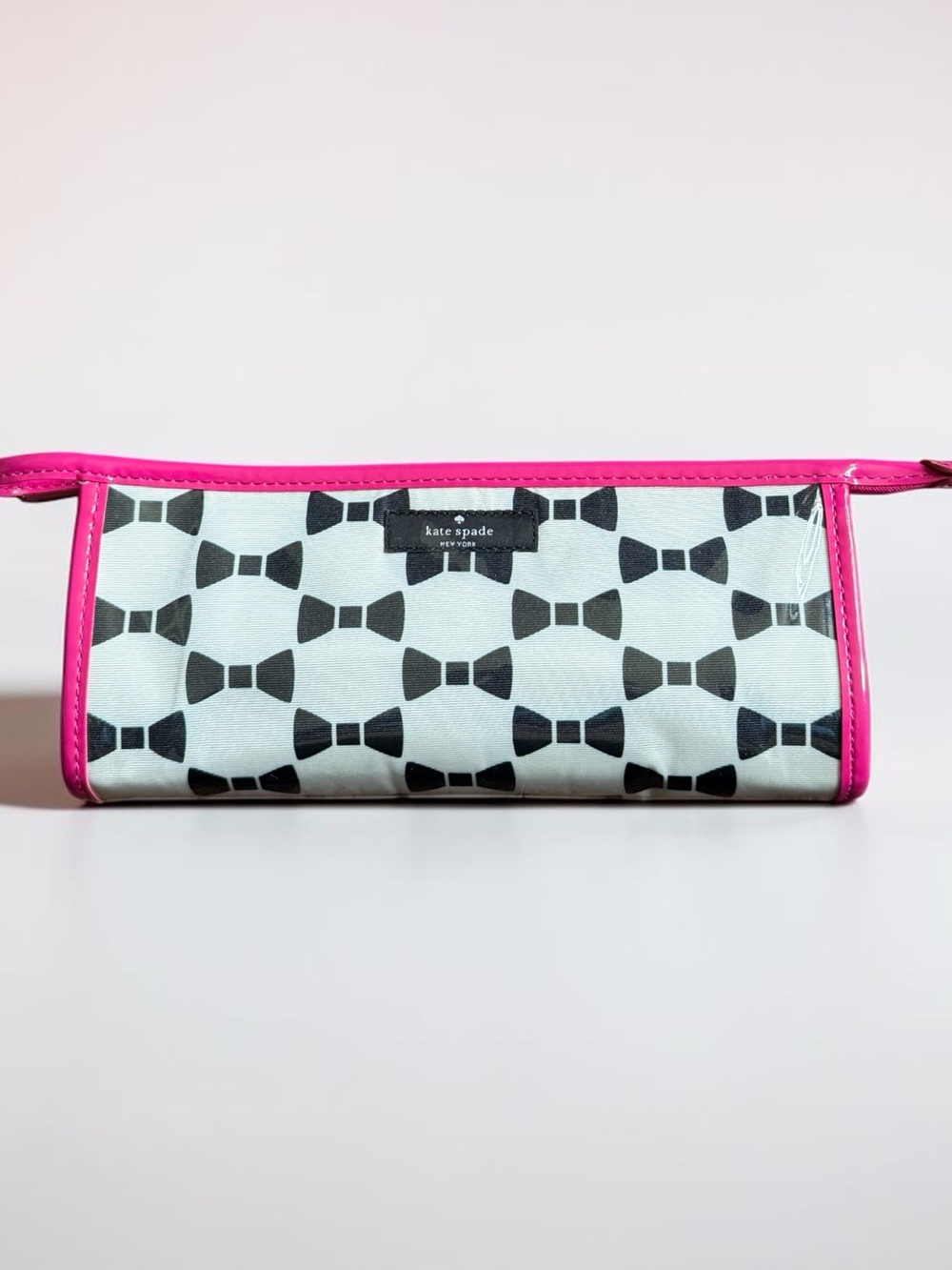 KATE SPADE Black Bow Pattern Cosmetic Pouch with Hot Pink Trim